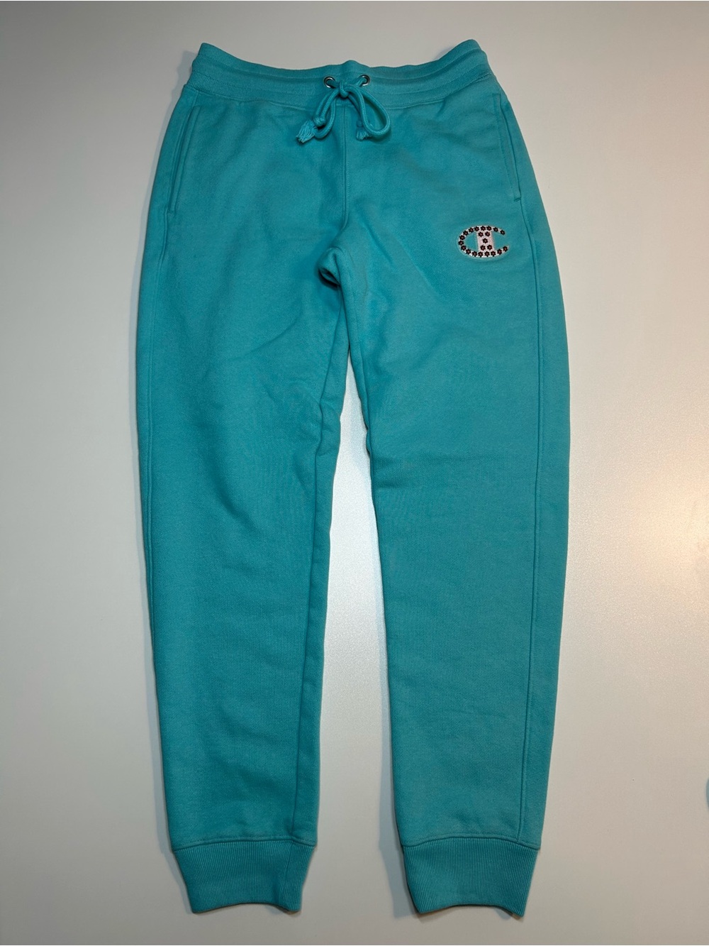 Champion Reverse Weave Rhinestone Flower C Logo Turquoise Teal Joggers Pants